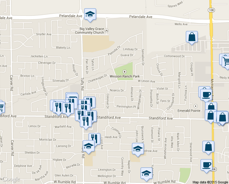 map of restaurants, bars, coffee shops, grocery stores, and more near 1028 Noarco Drive in Modesto