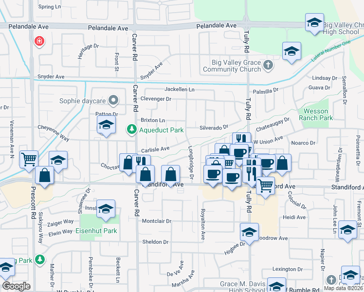 map of restaurants, bars, coffee shops, grocery stores, and more near 1508 Carlisle Avenue in Modesto