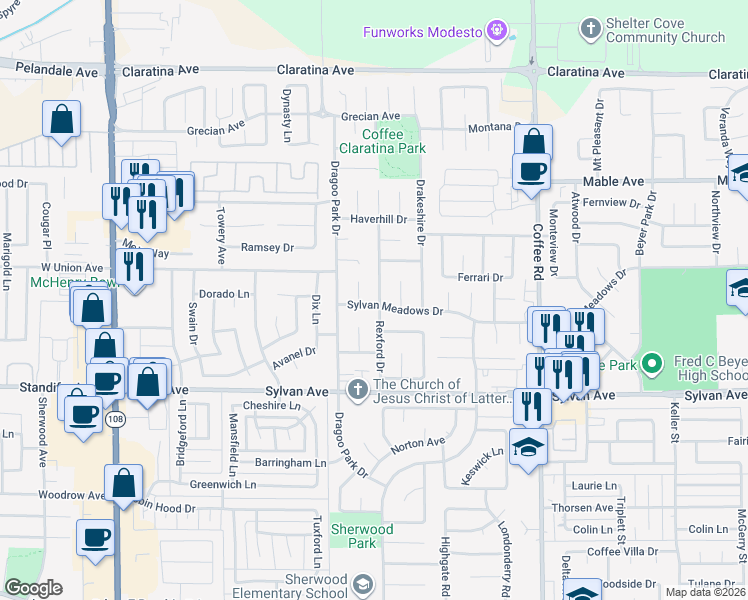 map of restaurants, bars, coffee shops, grocery stores, and more near 909 Sylvan Meadows Drive in Modesto