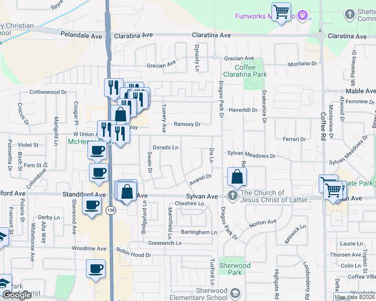 map of restaurants, bars, coffee shops, grocery stores, and more near 508 Riddle Court in Modesto