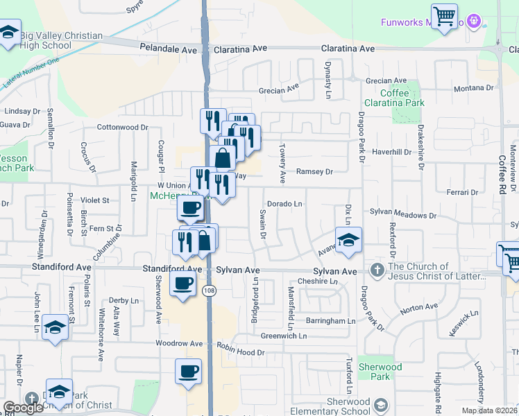 map of restaurants, bars, coffee shops, grocery stores, and more near 3708 Bridgeford Lane in Modesto