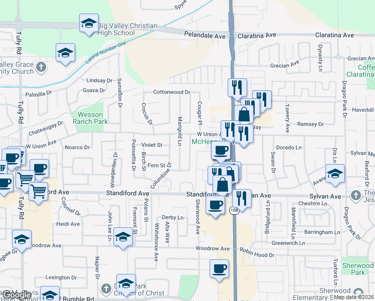 map of restaurants, bars, coffee shops, grocery stores, and more near 3721 Marigold Lane in Modesto