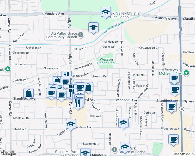 map of restaurants, bars, coffee shops, grocery stores, and more near 1028 Noarco Drive in Modesto
