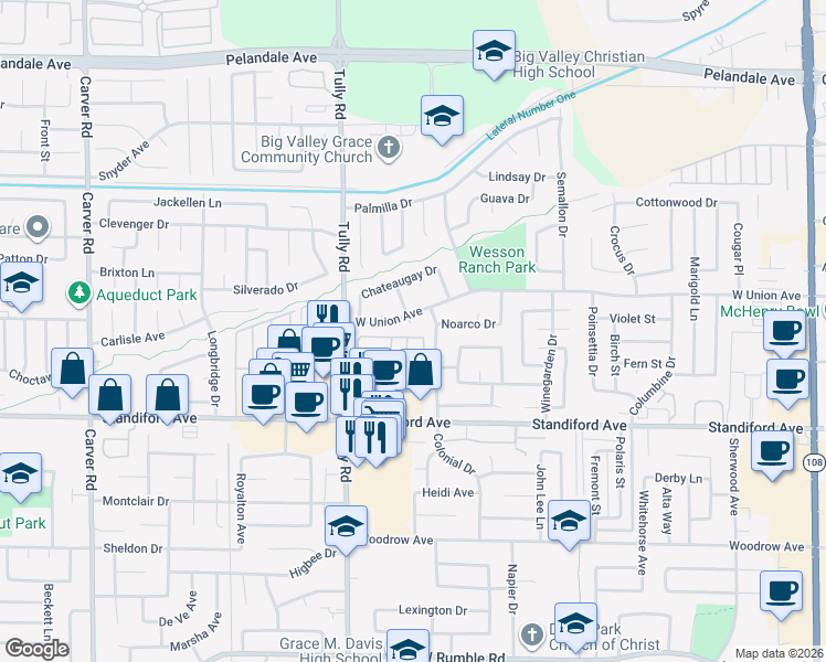 map of restaurants, bars, coffee shops, grocery stores, and more near 3633 Colonial Drive in Modesto