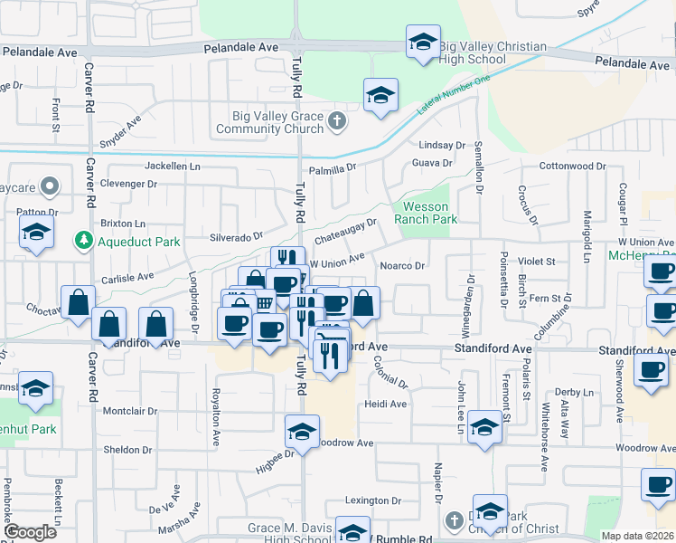 map of restaurants, bars, coffee shops, grocery stores, and more near 1212 West Union Avenue in Modesto