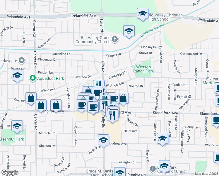 map of restaurants, bars, coffee shops, grocery stores, and more near 1212 West Union Avenue in Modesto