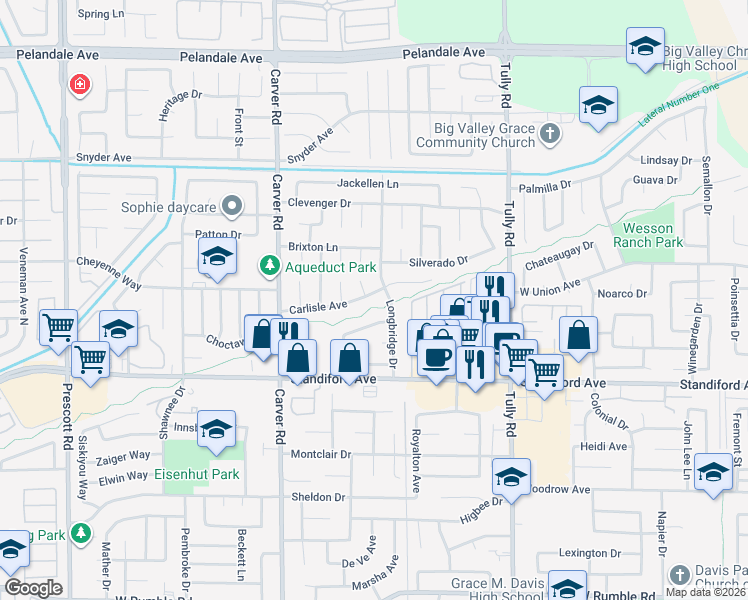 map of restaurants, bars, coffee shops, grocery stores, and more near 1508 Carlisle Avenue in Modesto
