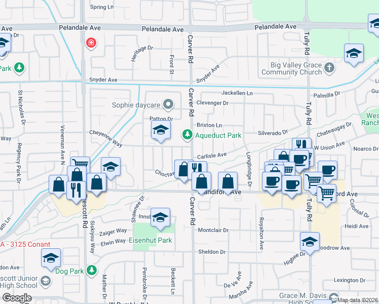 map of restaurants, bars, coffee shops, grocery stores, and more near 3620 Mohawk Lane in Modesto