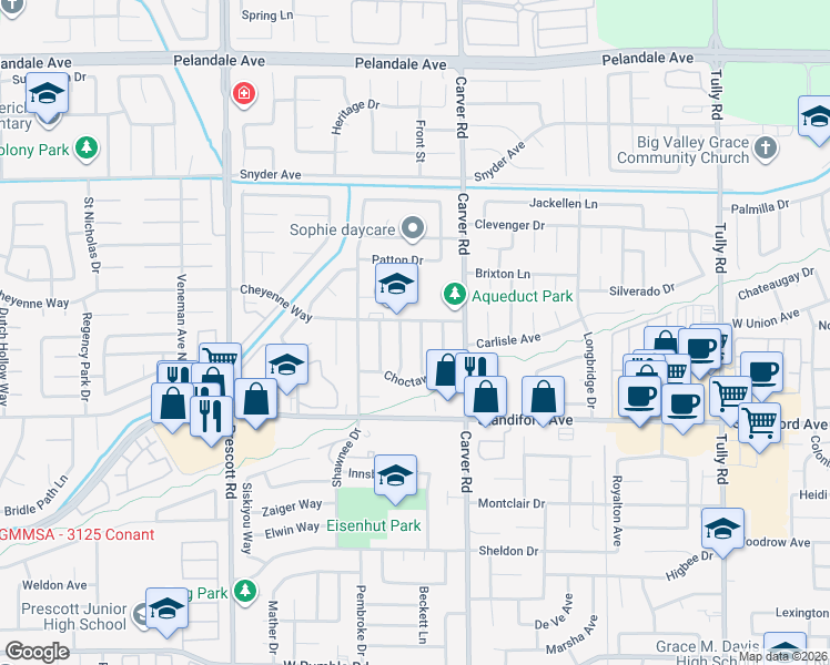 map of restaurants, bars, coffee shops, grocery stores, and more near 3625 Seminole Lane in Modesto