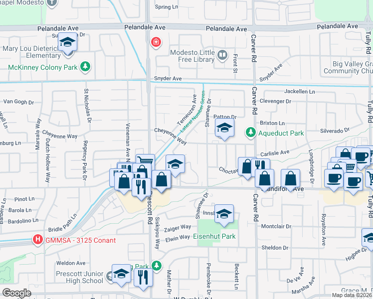 map of restaurants, bars, coffee shops, grocery stores, and more near 3620 Doheny Way in Modesto