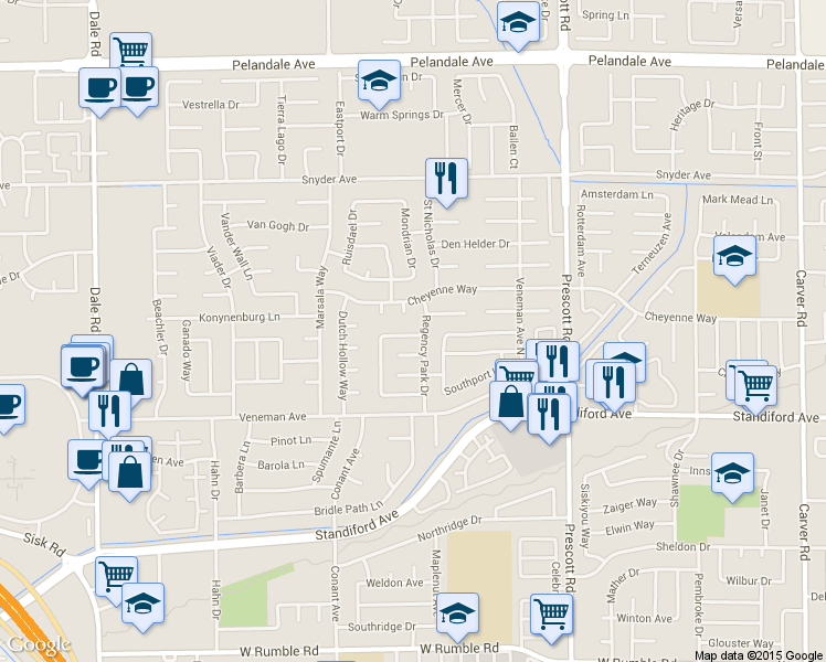 map of restaurants, bars, coffee shops, grocery stores, and more near 2329 Denbigh Drive in Modesto