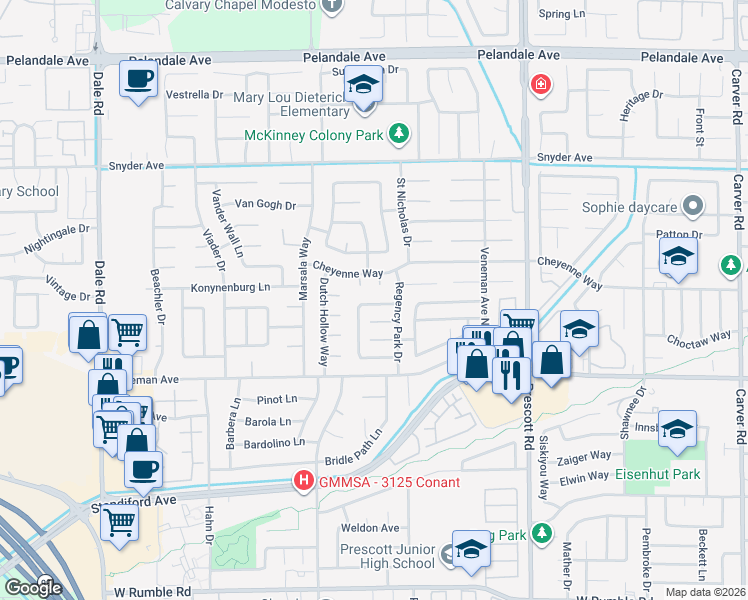 map of restaurants, bars, coffee shops, grocery stores, and more near 2329 Denbigh Drive in Modesto