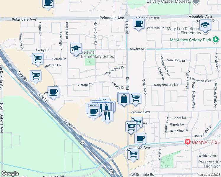 map of restaurants, bars, coffee shops, grocery stores, and more near 3629 Landmark Circle in Modesto