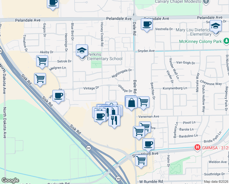 map of restaurants, bars, coffee shops, grocery stores, and more near 3629 Landmark Circle in Modesto