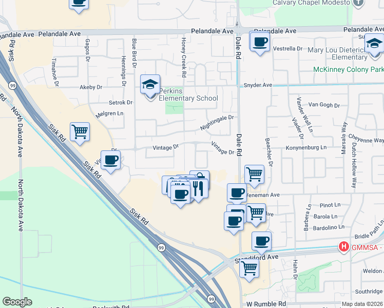 map of restaurants, bars, coffee shops, grocery stores, and more near 3620 Boutique Way in Modesto
