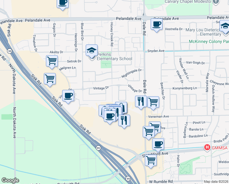 map of restaurants, bars, coffee shops, grocery stores, and more near 3620 Boutique Way in Modesto