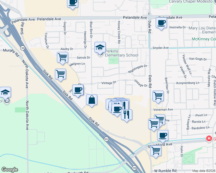 map of restaurants, bars, coffee shops, grocery stores, and more near 3216 Showcase Way in Modesto