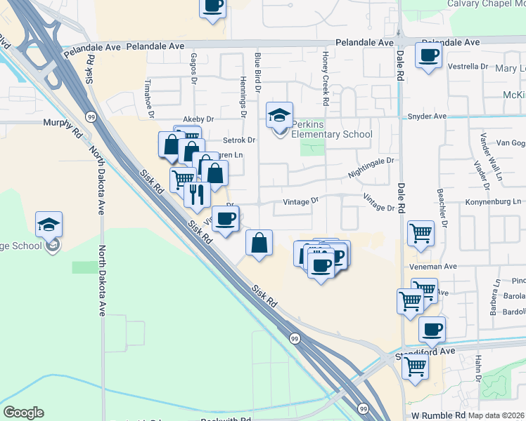 map of restaurants, bars, coffee shops, grocery stores, and more near 3633 Blue Bird Drive in Modesto