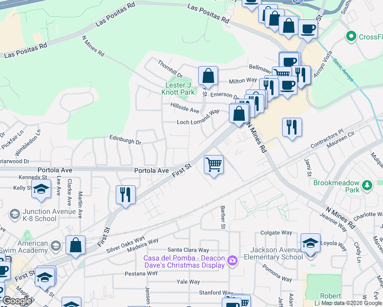 map of restaurants, bars, coffee shops, grocery stores, and more near 3968 Inverness Common in Livermore