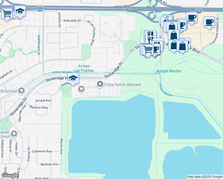 map of restaurants, bars, coffee shops, grocery stores, and more near 2664 Maria Street in Pleasanton