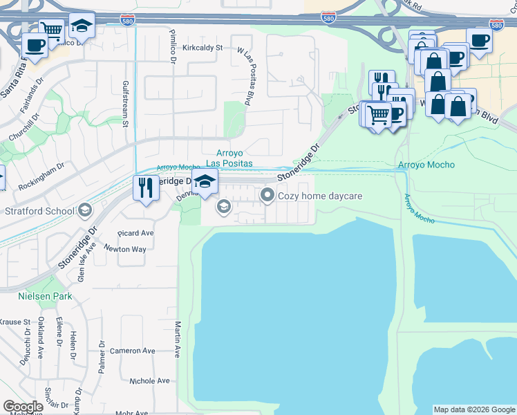 map of restaurants, bars, coffee shops, grocery stores, and more near 2663 Trevor Parkway in Pleasanton