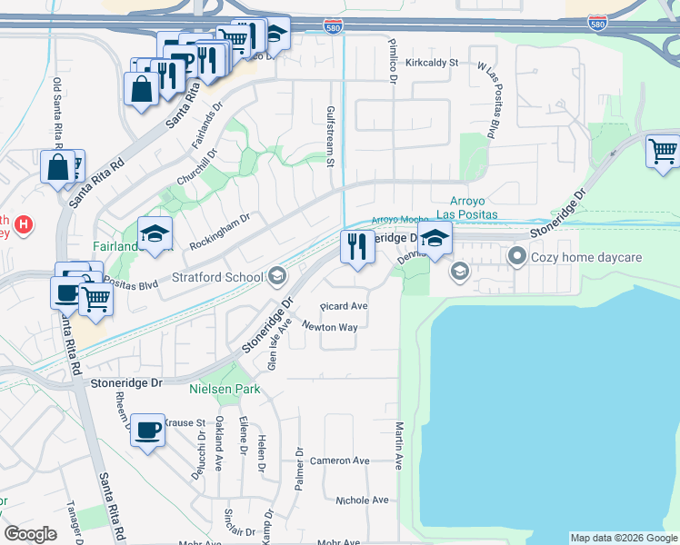 map of restaurants, bars, coffee shops, grocery stores, and more near 3569 Rathbone Way in Pleasanton