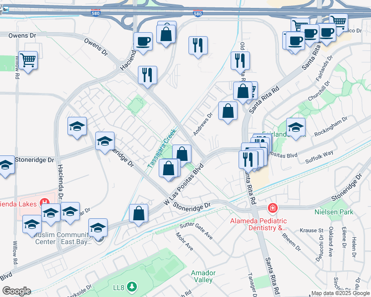 map of restaurants, bars, coffee shops, grocery stores, and more near 4990 Owens Drive in Pleasanton