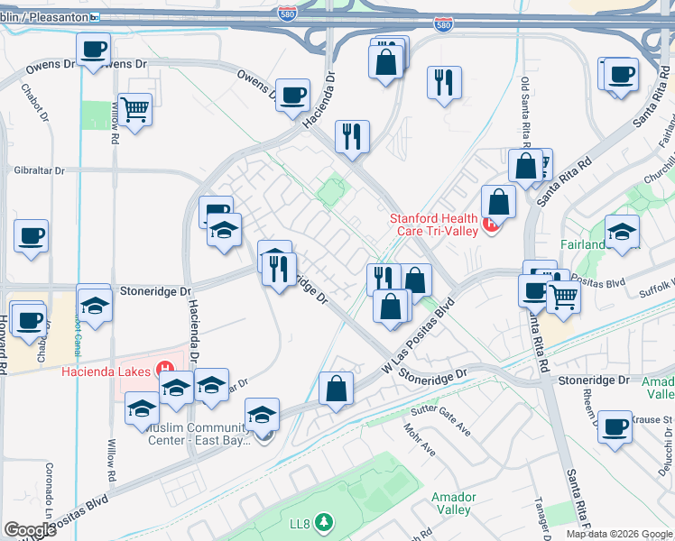 map of restaurants, bars, coffee shops, grocery stores, and more near 3720 Appian Street in Pleasanton
