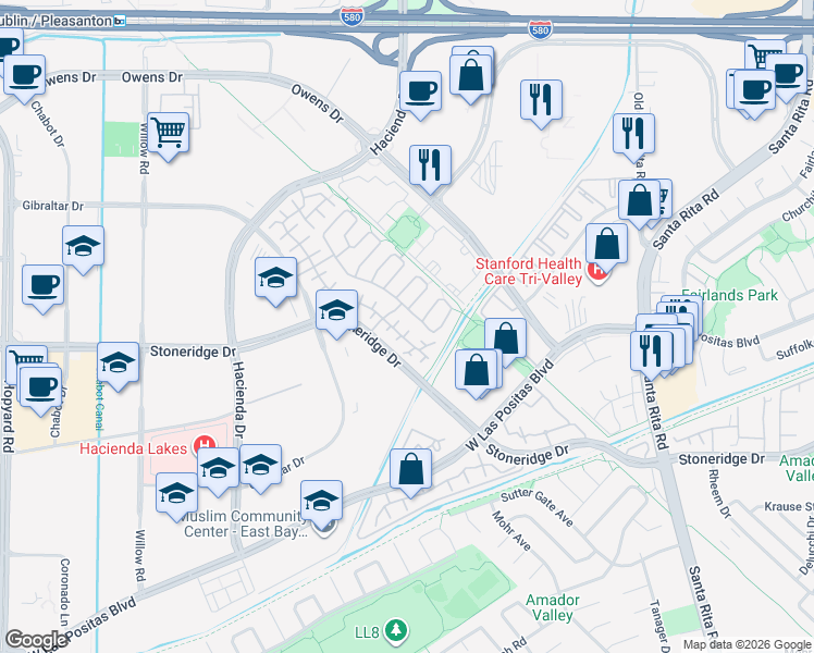 map of restaurants, bars, coffee shops, grocery stores, and more near 3640 Florian Street in Pleasanton