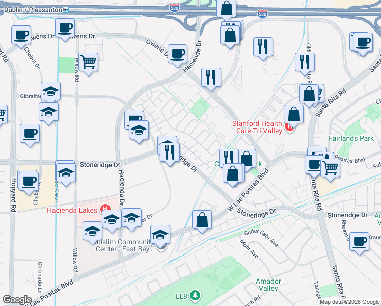 map of restaurants, bars, coffee shops, grocery stores, and more near 3640 Florian Street in Pleasanton