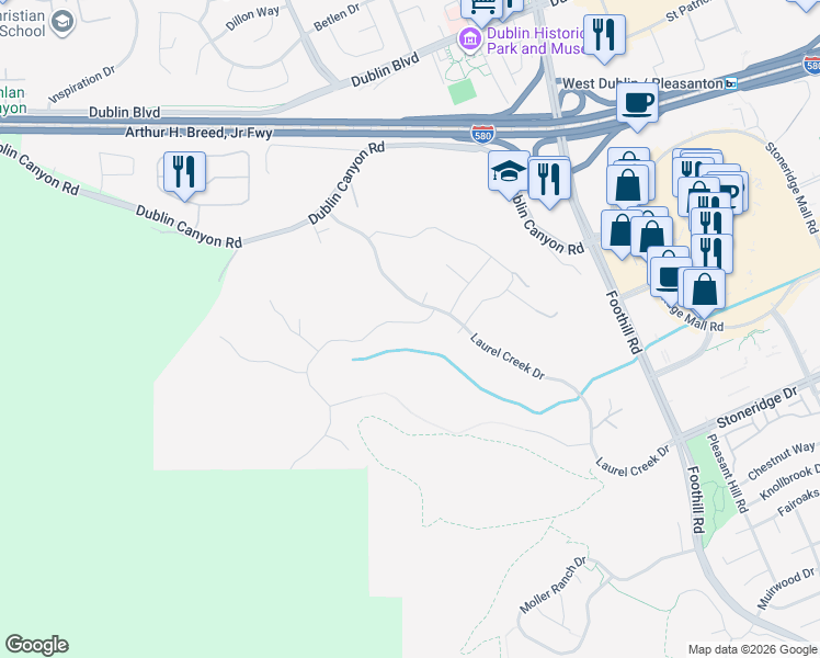 map of restaurants, bars, coffee shops, grocery stores, and more near 9418 Blessing Drive in Pleasanton