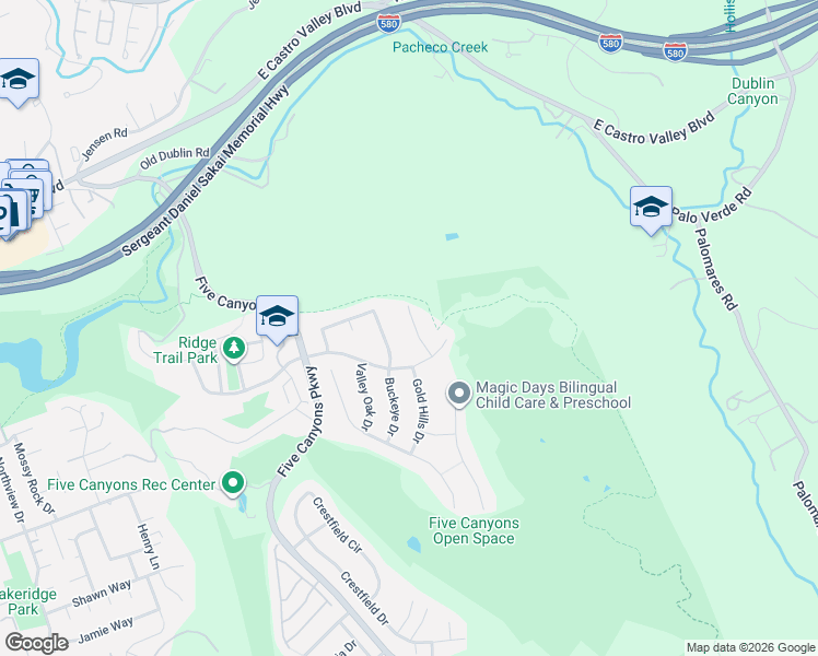map of restaurants, bars, coffee shops, grocery stores, and more near 25199 Canyon Oaks Court in Castro Valley