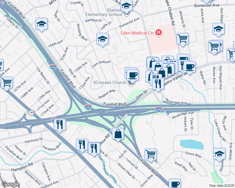 map of restaurants, bars, coffee shops, grocery stores, and more near 2281 Regent Way in Castro Valley