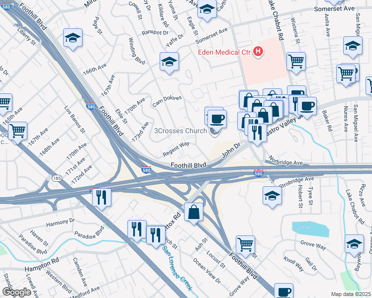 map of restaurants, bars, coffee shops, grocery stores, and more near 2281 Regent Way in Castro Valley