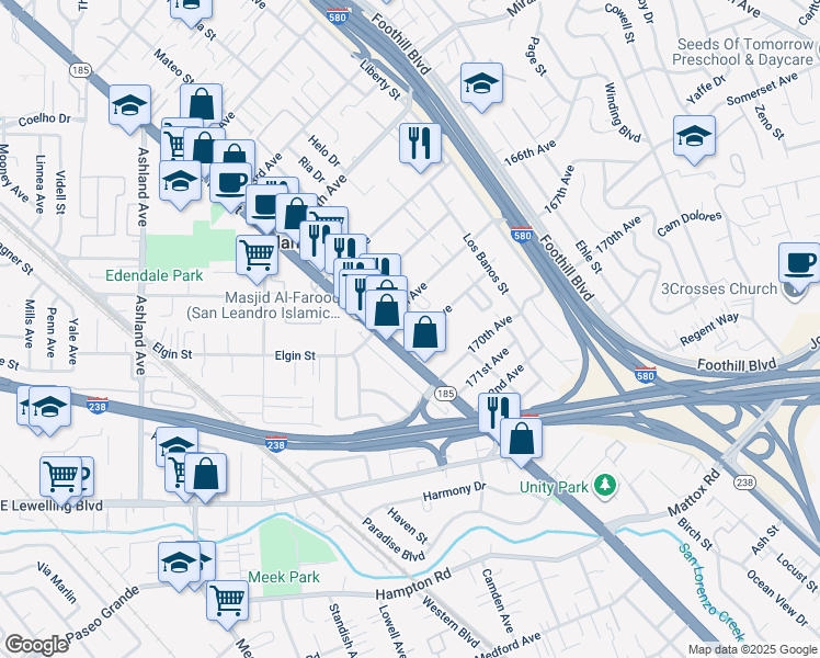 map of restaurants, bars, coffee shops, grocery stores, and more near 16714 East 14th Street in San Leandro