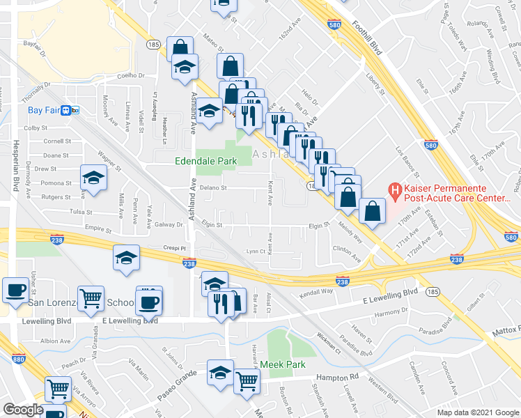 map of restaurants, bars, coffee shops, grocery stores, and more near 16475 Kent Avenue in San Lorenzo