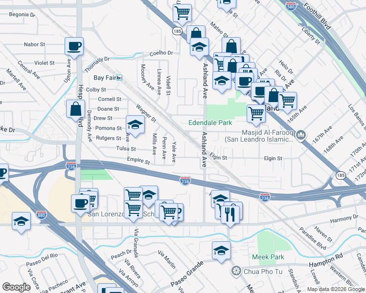 map of restaurants, bars, coffee shops, grocery stores, and more near 16285 Galway Court in San Lorenzo