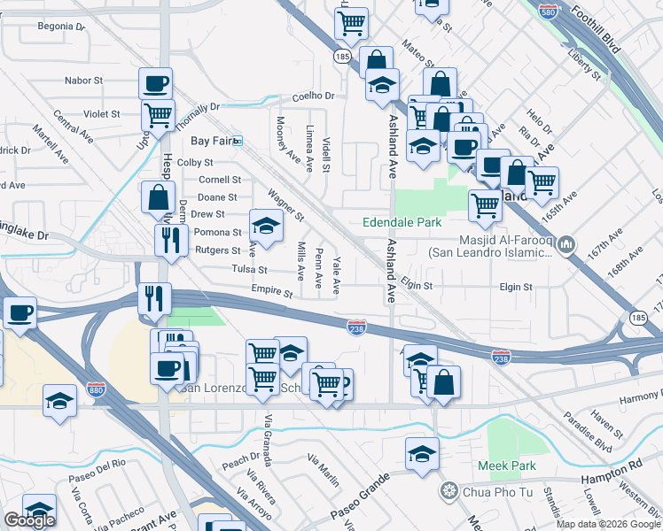 map of restaurants, bars, coffee shops, grocery stores, and more near 16106 Penn Avenue in San Lorenzo