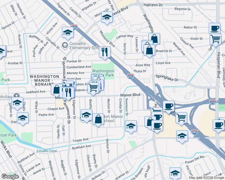 map of restaurants, bars, coffee shops, grocery stores, and more near 14989 Endicott Street in San Leandro