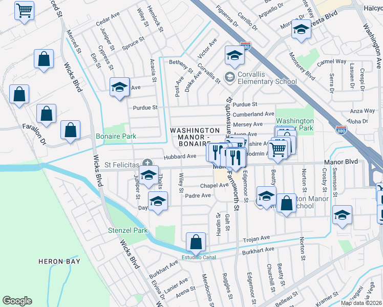 map of restaurants, bars, coffee shops, grocery stores, and more near 1387 Hubbard Avenue in San Leandro