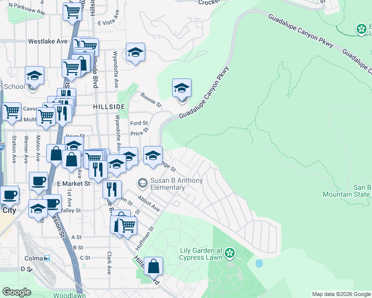 map of restaurants, bars, coffee shops, grocery stores, and more near 98 Royce Way in Daly City