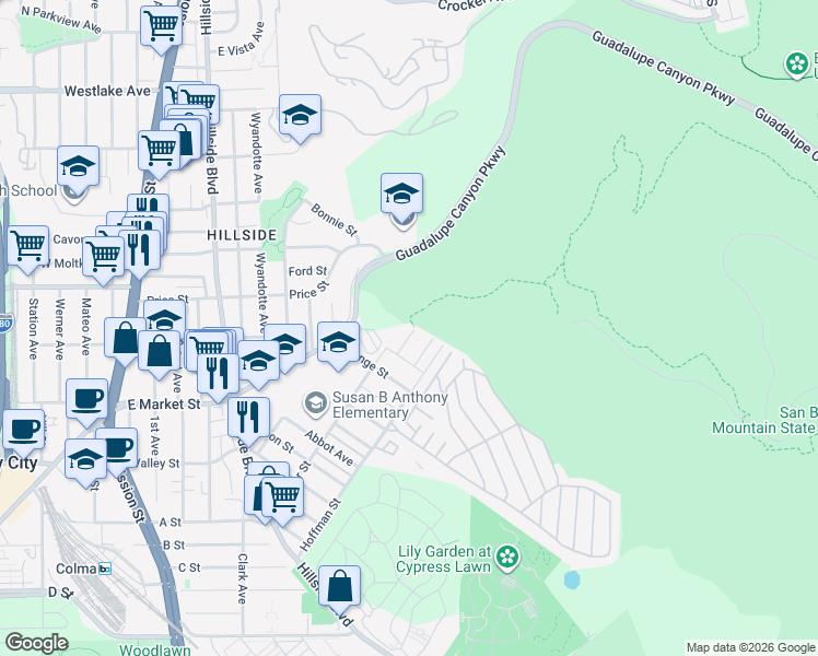 map of restaurants, bars, coffee shops, grocery stores, and more near 98 Royce Way in Daly City