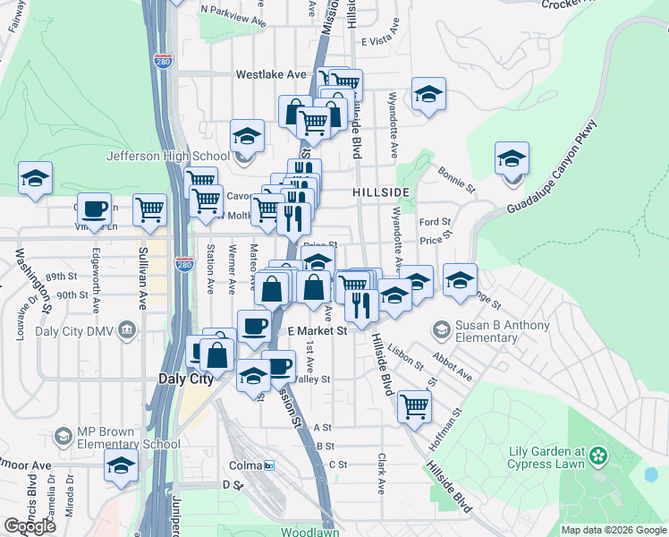 map of restaurants, bars, coffee shops, grocery stores, and more near 68 3rd Avenue in Daly City