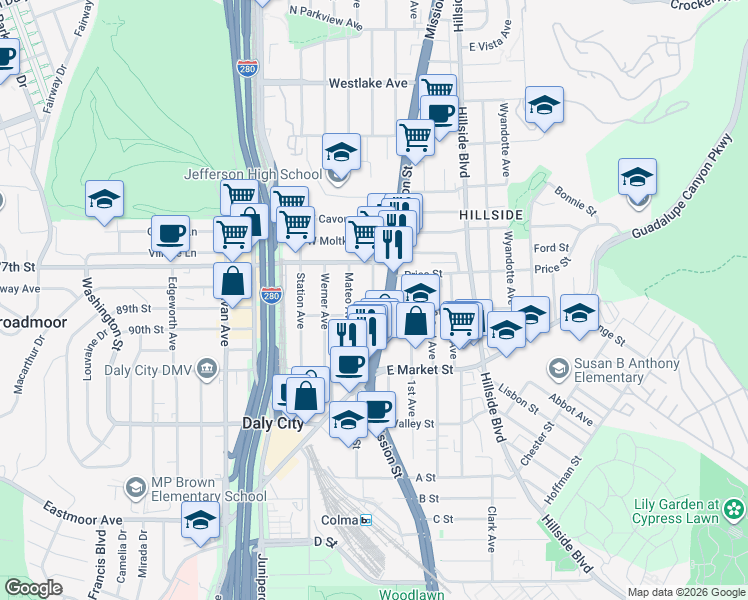map of restaurants, bars, coffee shops, grocery stores, and more near 180 Bruno Avenue in Daly City