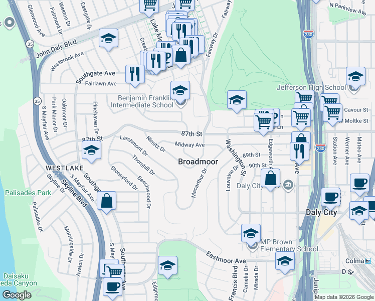 map of restaurants, bars, coffee shops, grocery stores, and more near in Broadmoor
