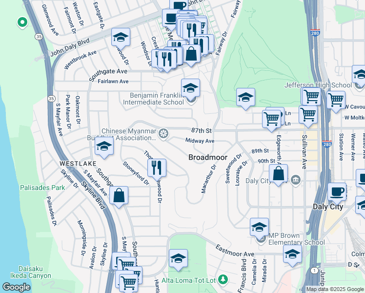 map of restaurants, bars, coffee shops, grocery stores, and more near 635 Manila Way in Daly City