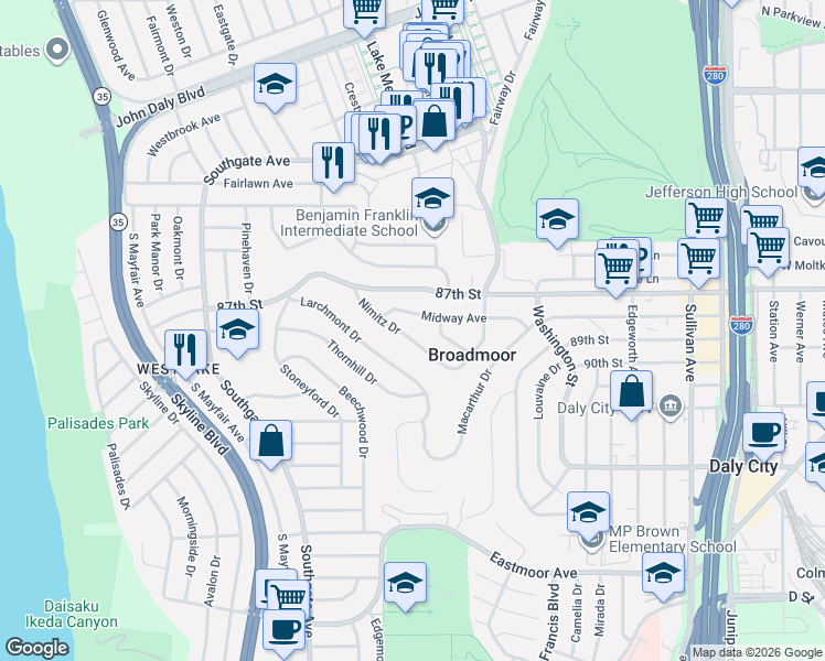 map of restaurants, bars, coffee shops, grocery stores, and more near 635 Manila Way in Daly City