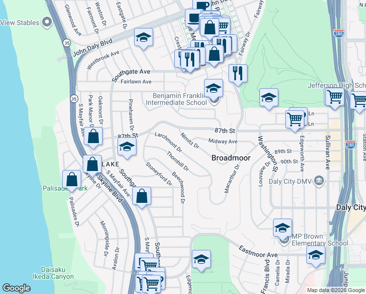 map of restaurants, bars, coffee shops, grocery stores, and more near 819 Larchmont Drive in Daly City