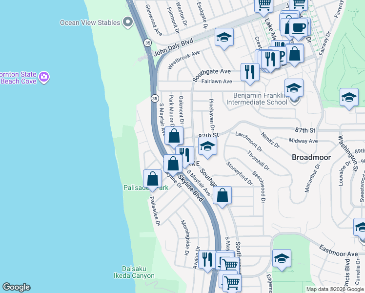 map of restaurants, bars, coffee shops, grocery stores, and more near 117 Brooklawn Avenue in Daly City