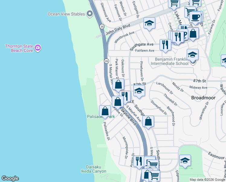 map of restaurants, bars, coffee shops, grocery stores, and more near 1147 South Mayfair Avenue in Daly City